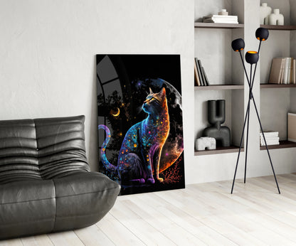 Moon Cat Crescent Glass Wall Art