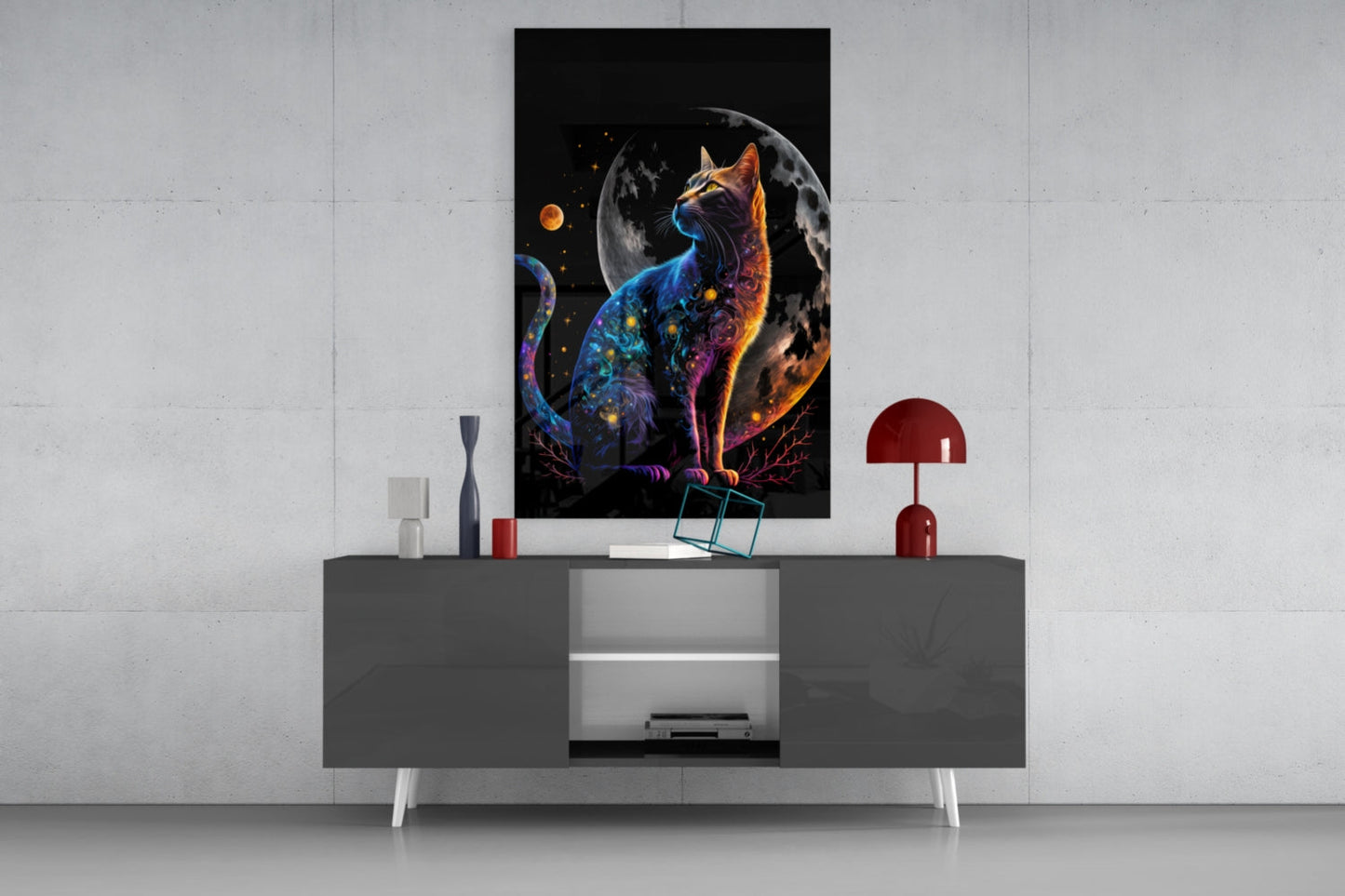 Moon Cat Glass Wall Art, Crescent Moon Cat Decor