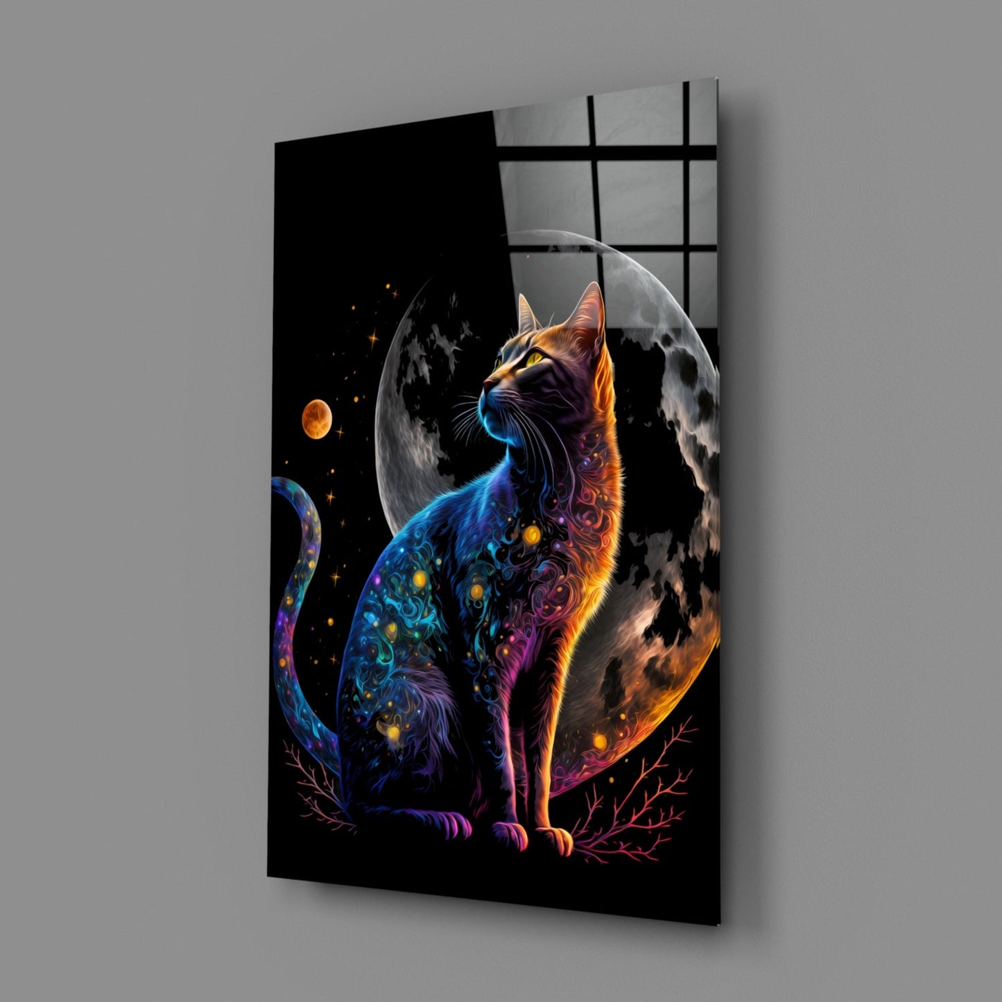 Moon Cat Glass Wall Art, Crescent Moon Cat Decor