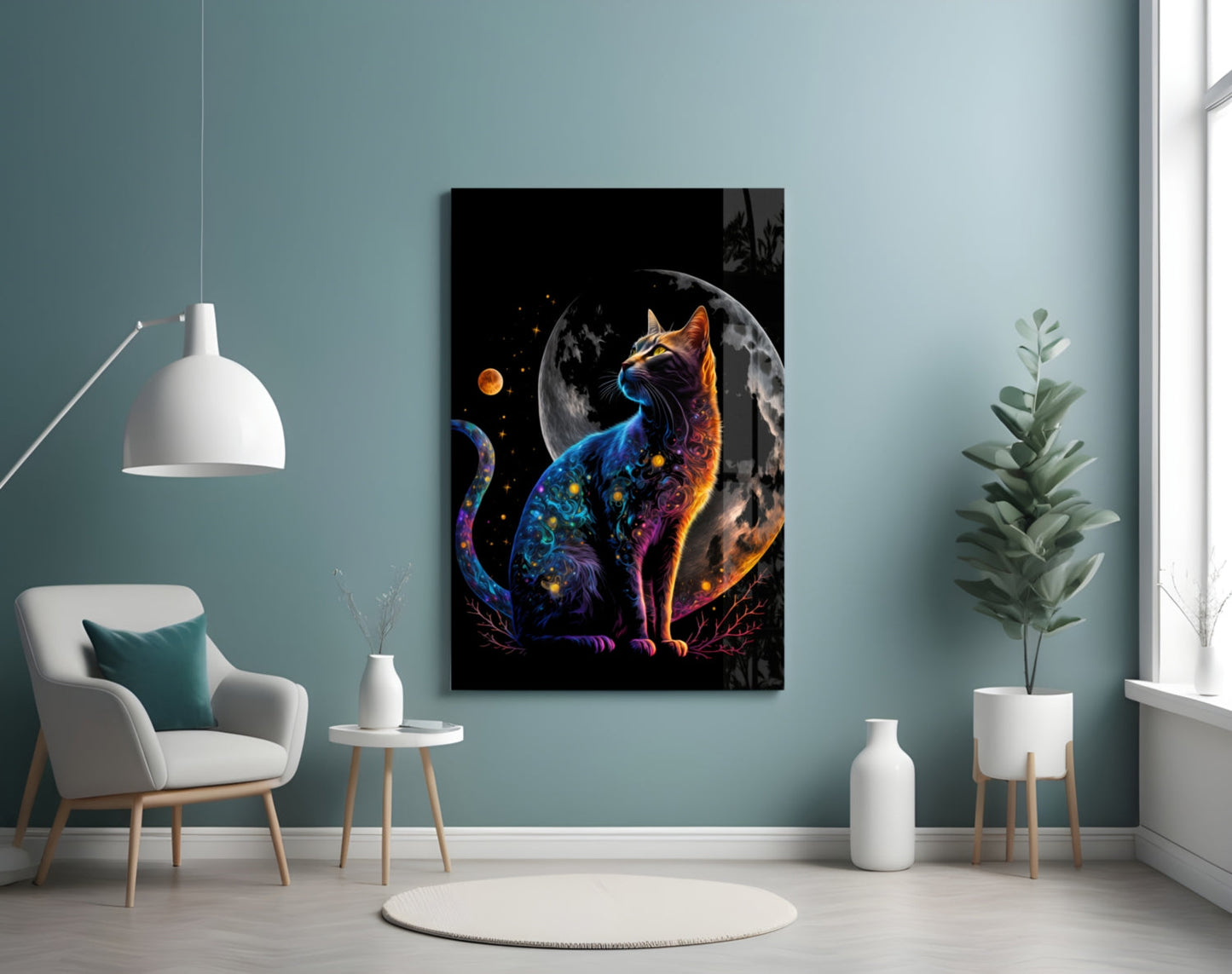 Moon Cat Glass Wall Art, Crescent Moon Cat Decor