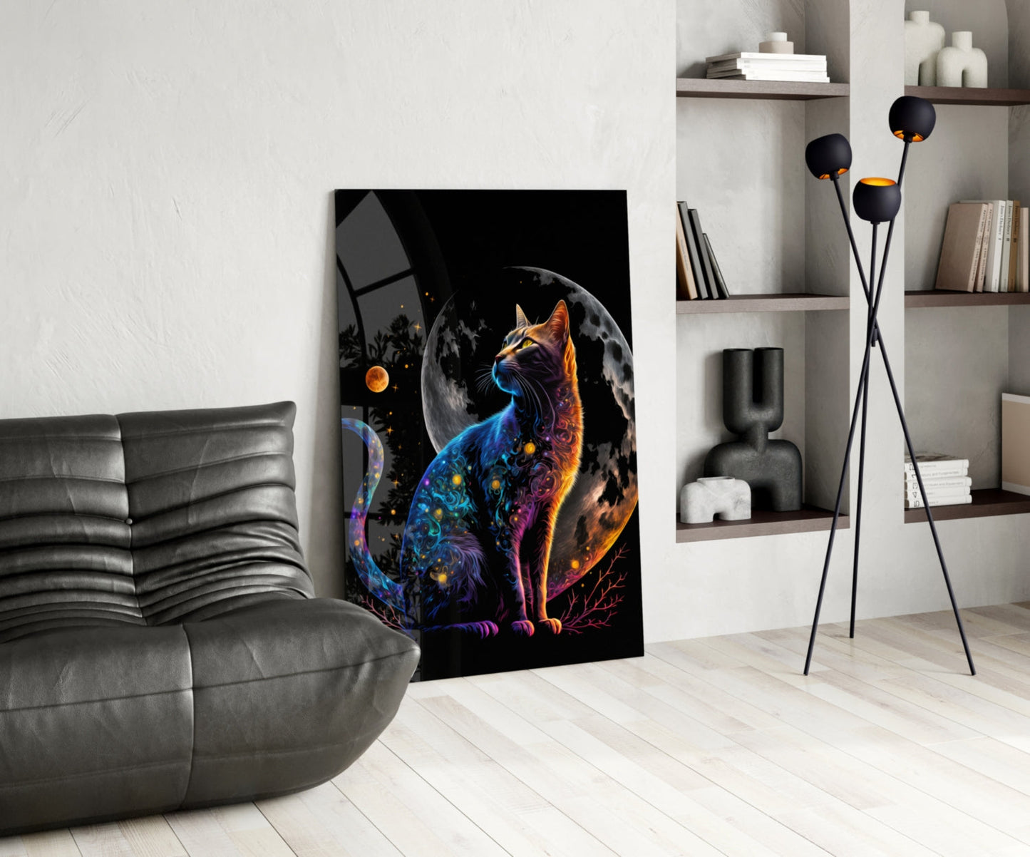 Moon Cat Glass Wall Art, Crescent Moon Cat Decor