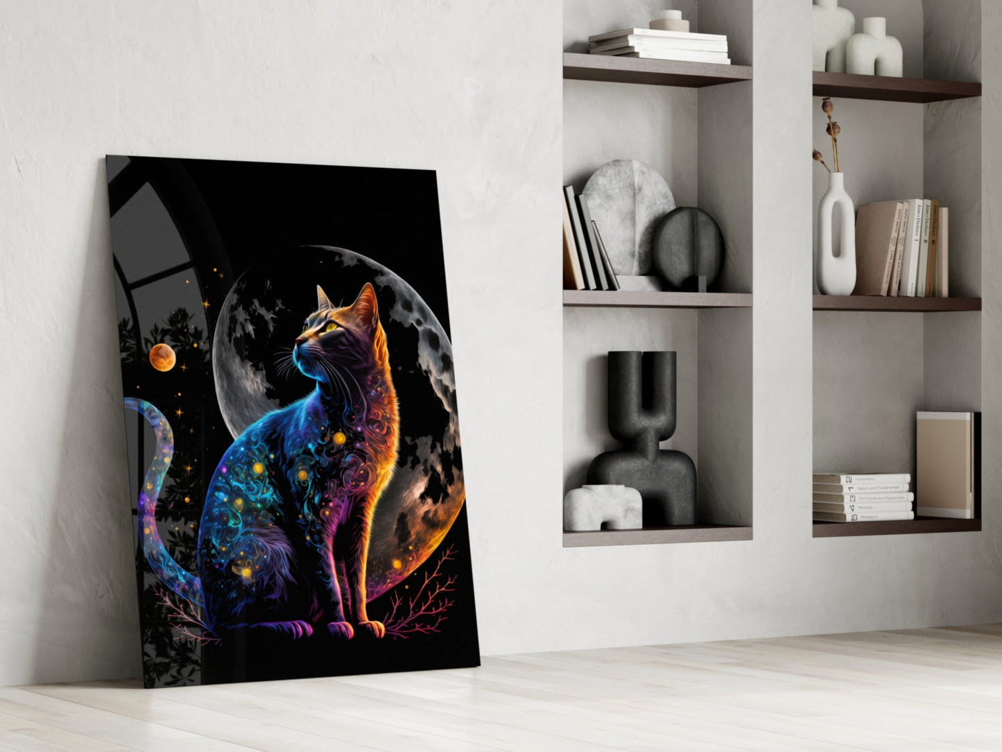 Moon Cat Glass Wall Art, Crescent Moon Cat Decor