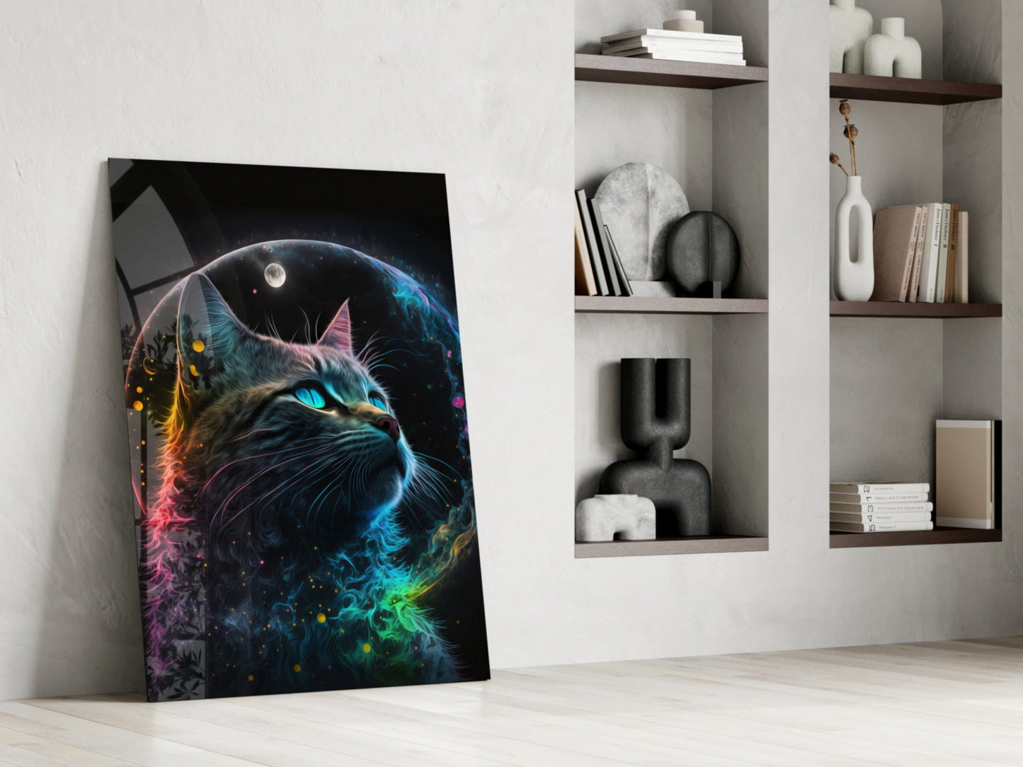 Moon Cat Glass Wall Art Print