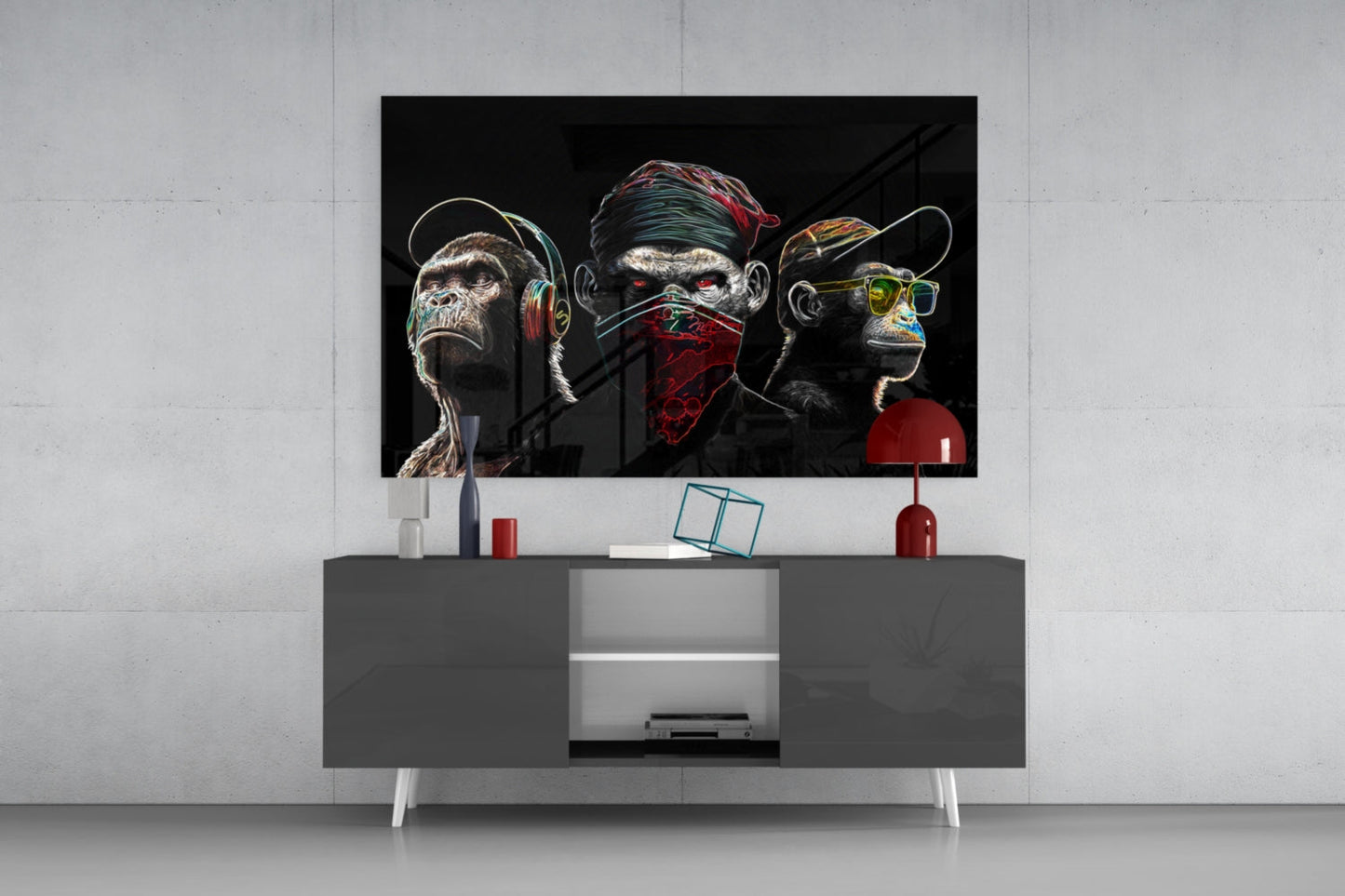 3 Wise Monkeys Neon Lines Glass Wall Art