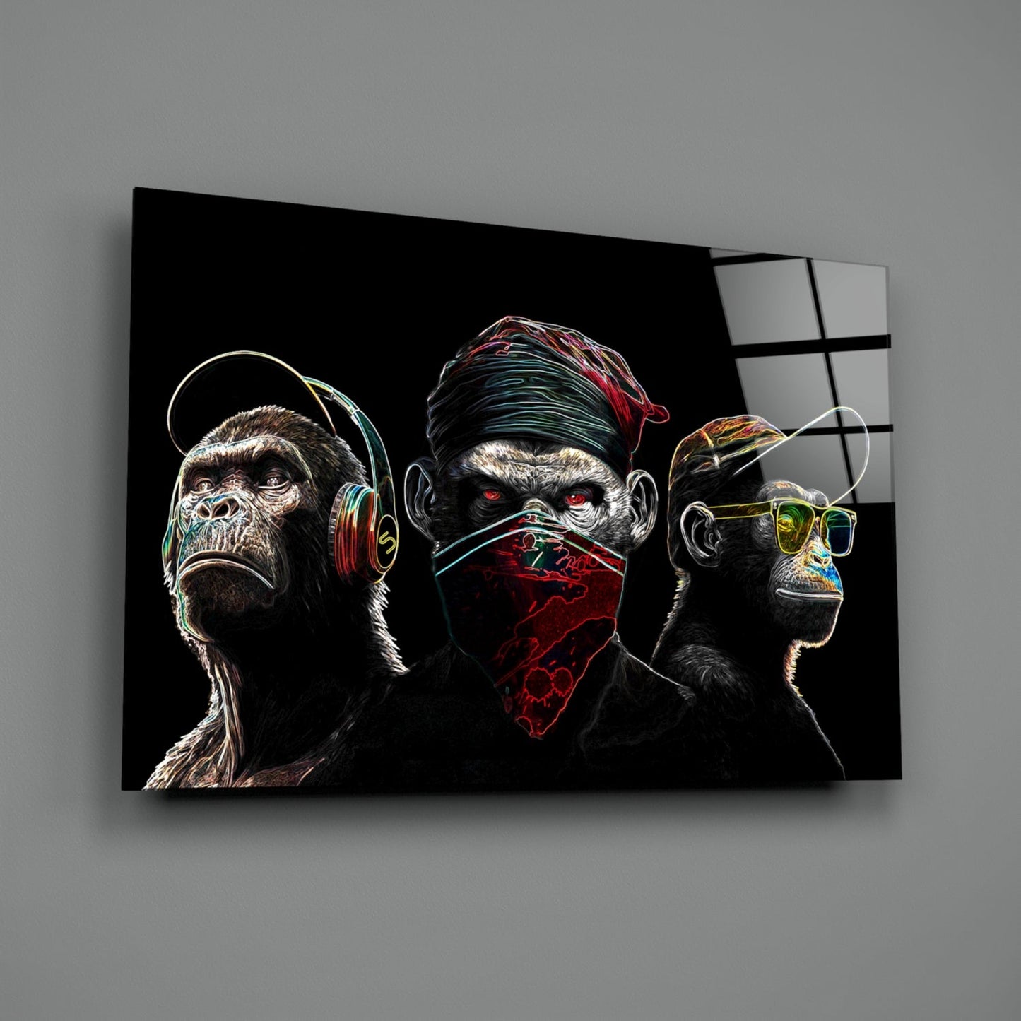 3 Wise Monkeys Neon Lines Glass Wall Art