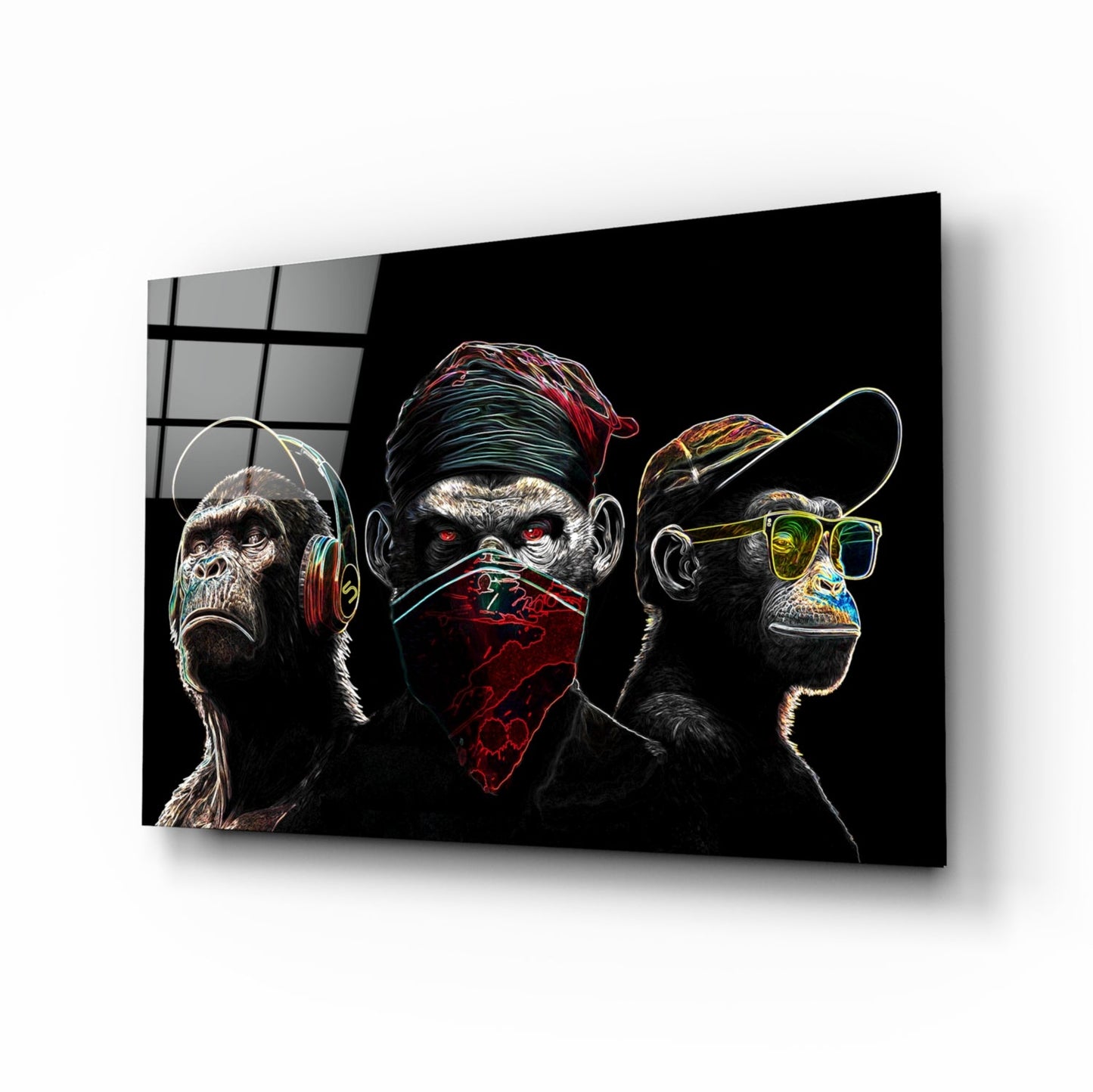 3 Wise Monkeys Neon Lines Glass Wall Art