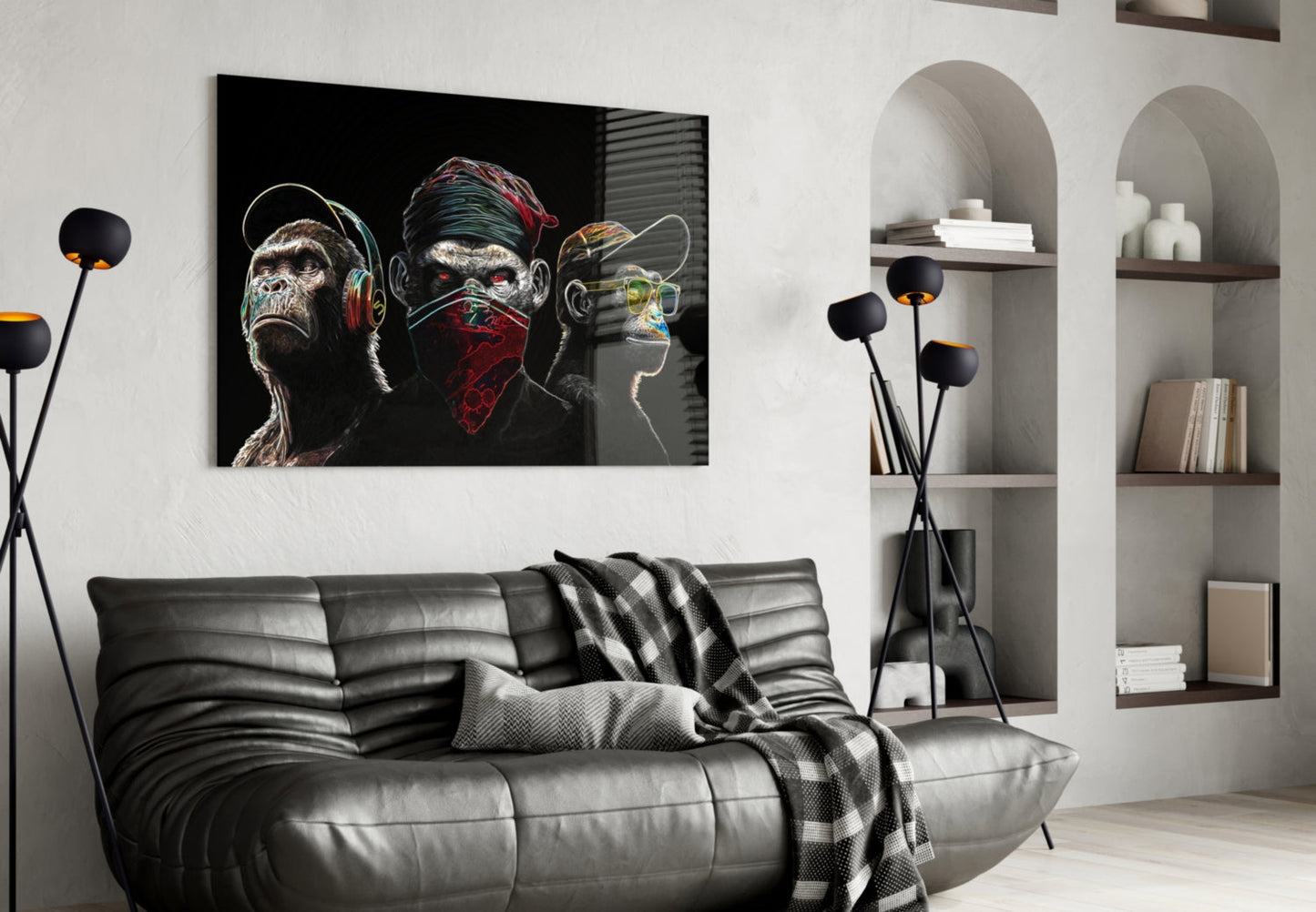 3 Wise Monkeys Neon Lines Glass Wall Art