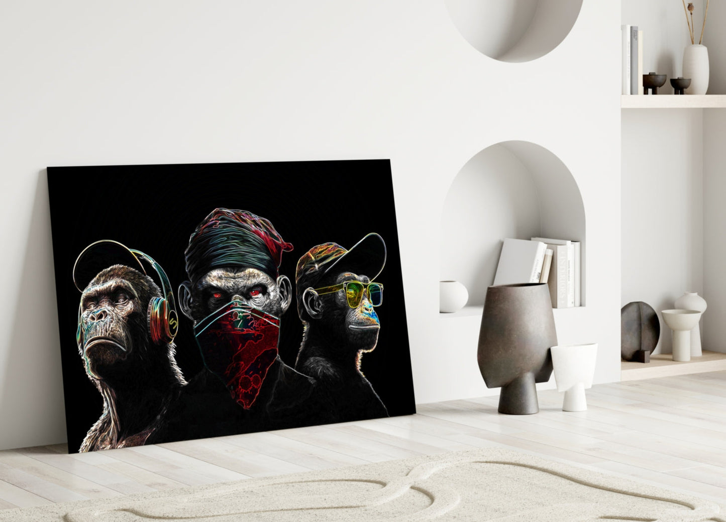 3 Wise Monkeys Neon Lines Glass Wall Art