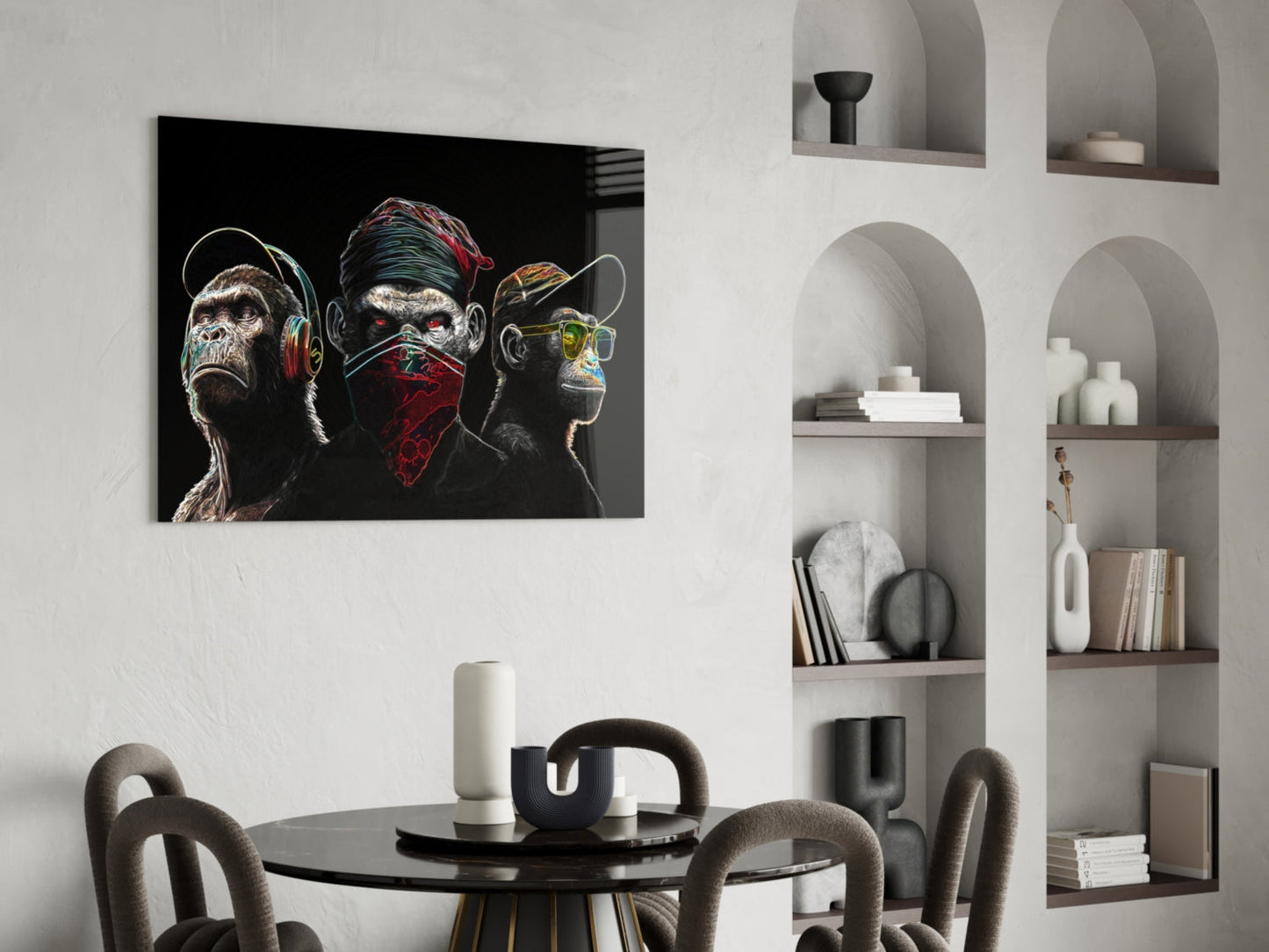 3 Wise Monkeys Neon Lines Glass Wall Art