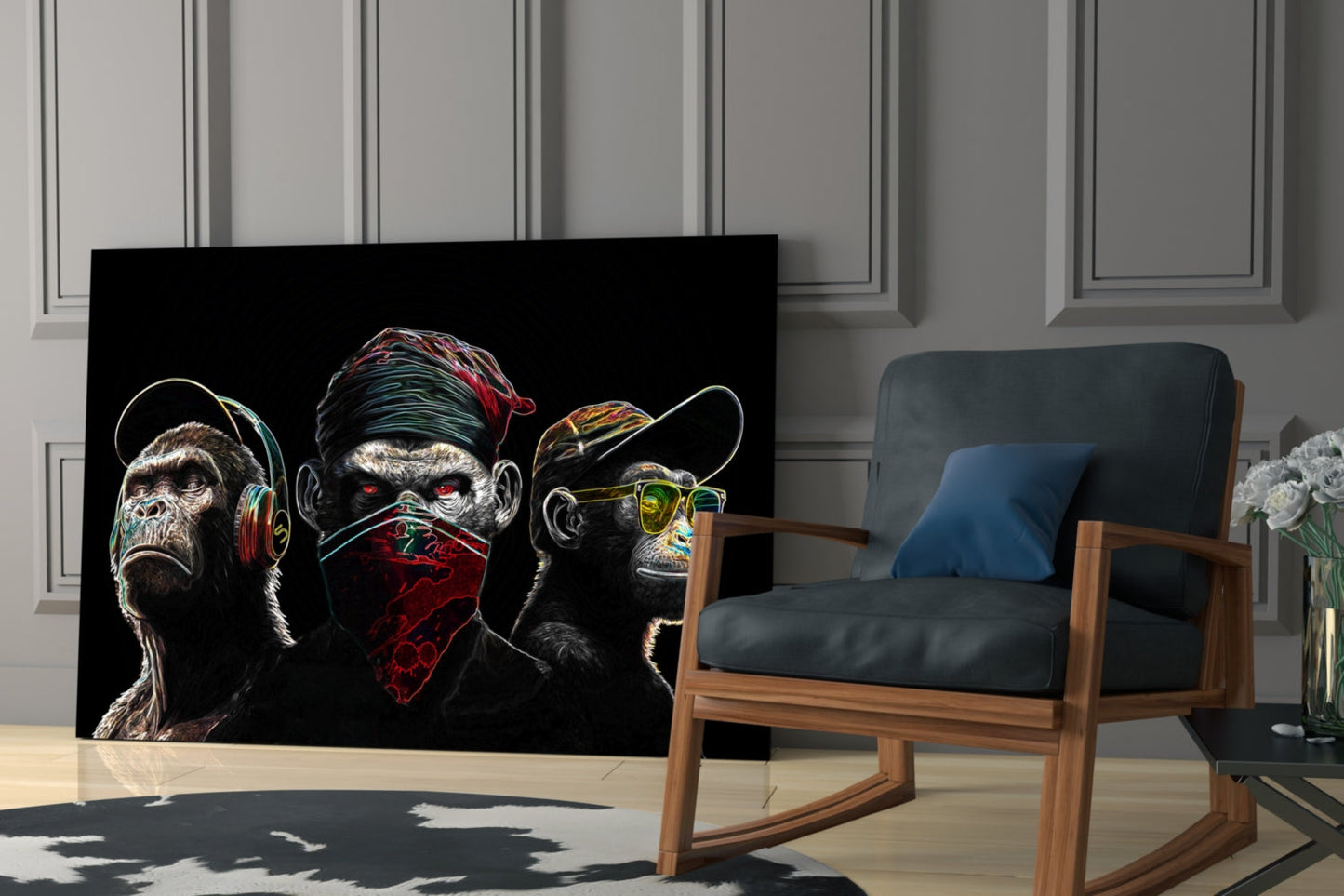 3 Wise Monkeys Neon Lines Glass Wall Art