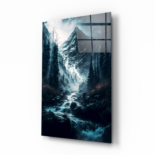 Misty Blue Peak Waterfall Forest Glass Wall Art