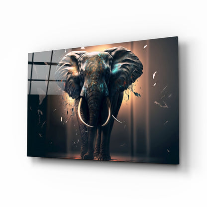 Tusker elephant in mist glass wall art