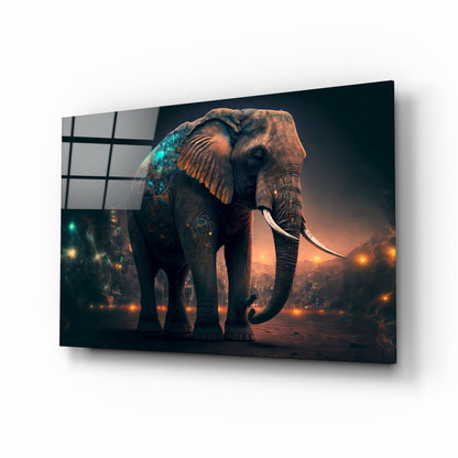 Cyber elephant with teal circuit glow and ember city lights, tempered glass wall art