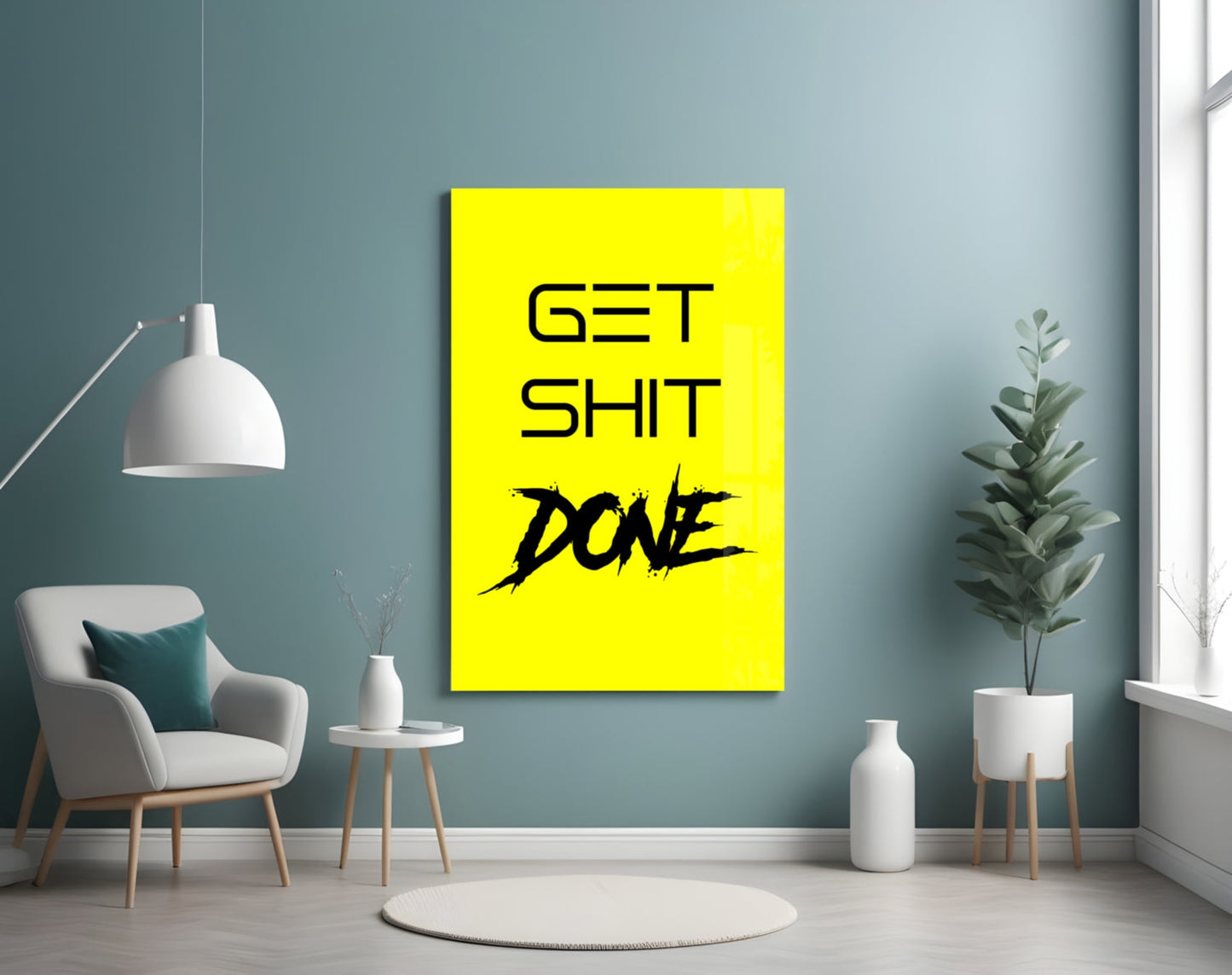 Get Shit Done Splatter Yellow Glass Wall Art