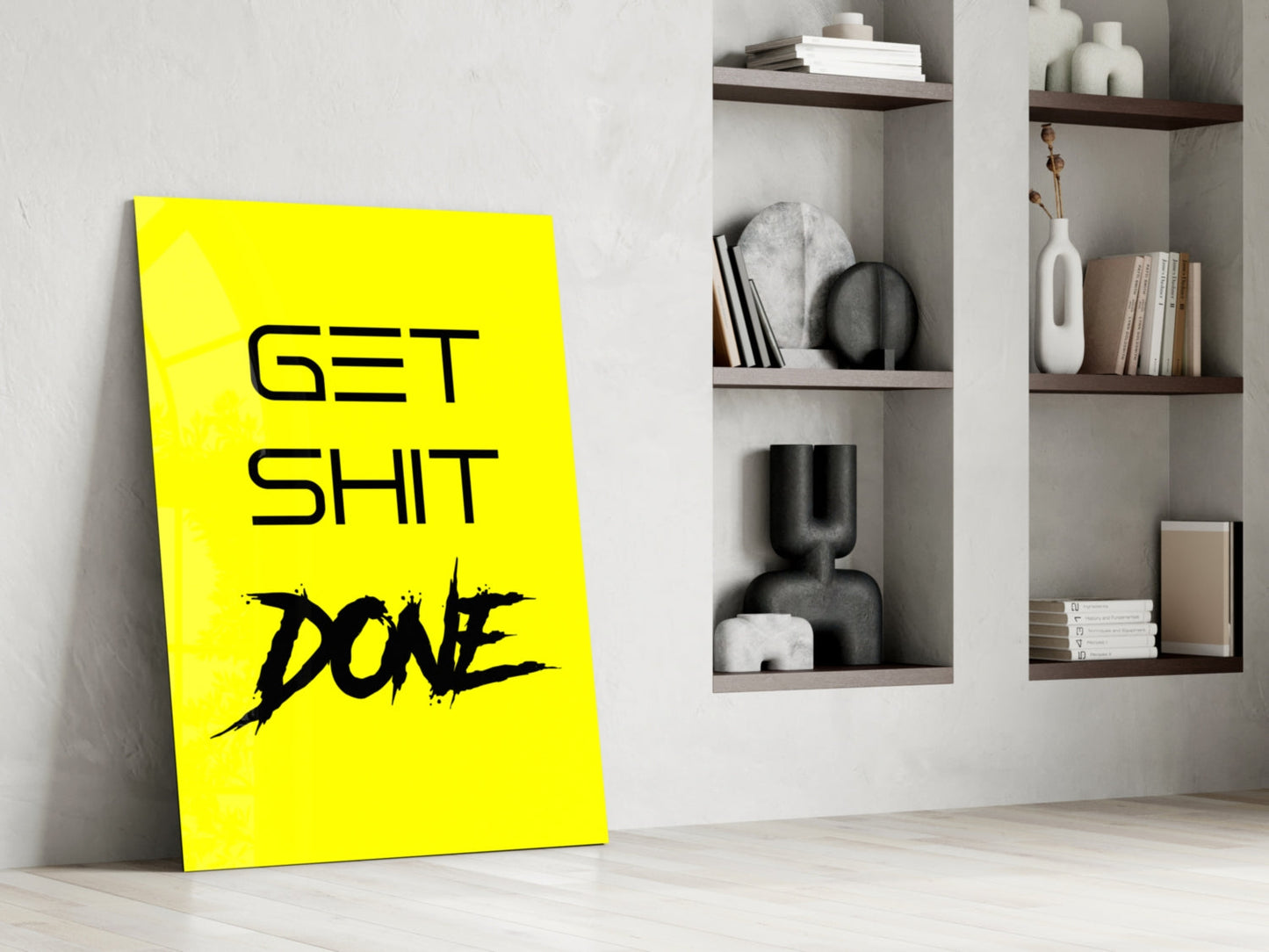 Get Shit Done Splatter Yellow Glass Wall Art