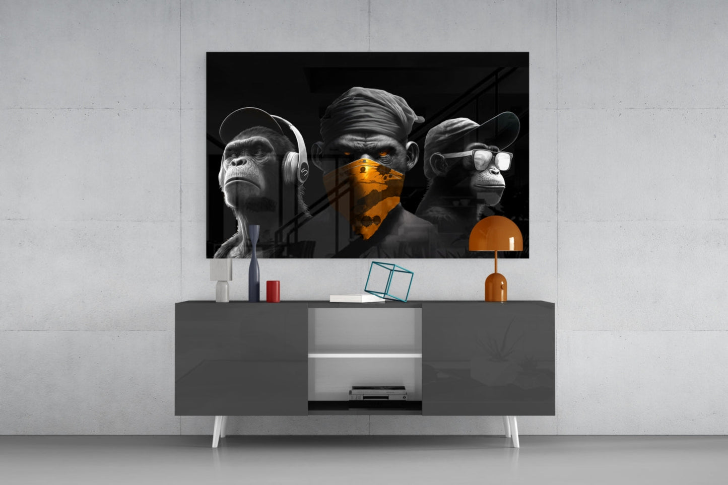 3 Wise Monkeys Chrome Edition Glass Wall Art