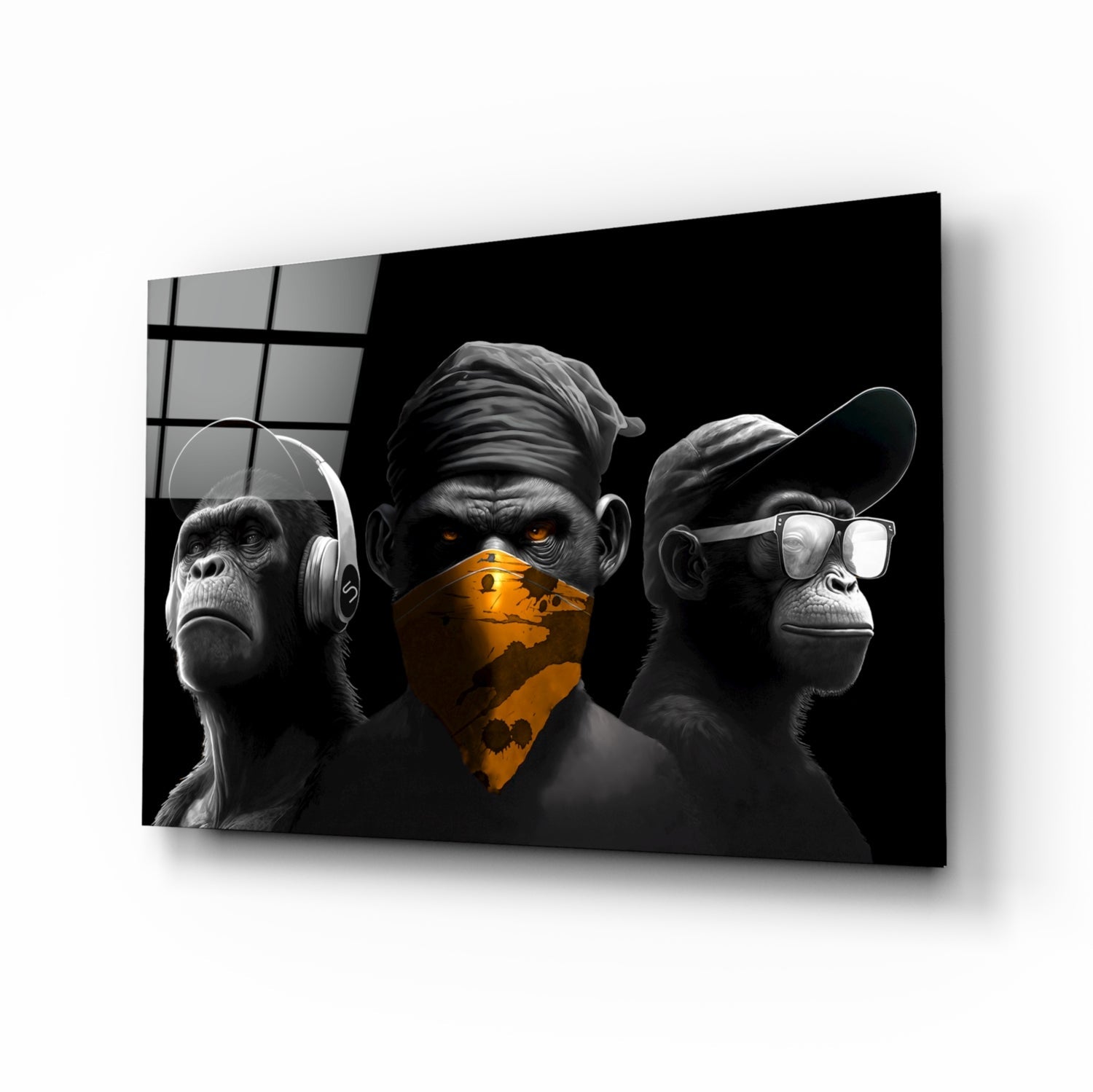 3 Wise Monkeys chrome edition glass wall art