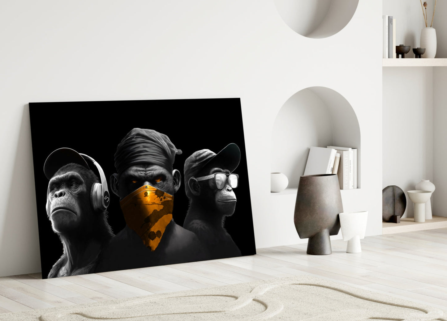 3 Wise Monkeys Chrome Edition Glass Wall Art