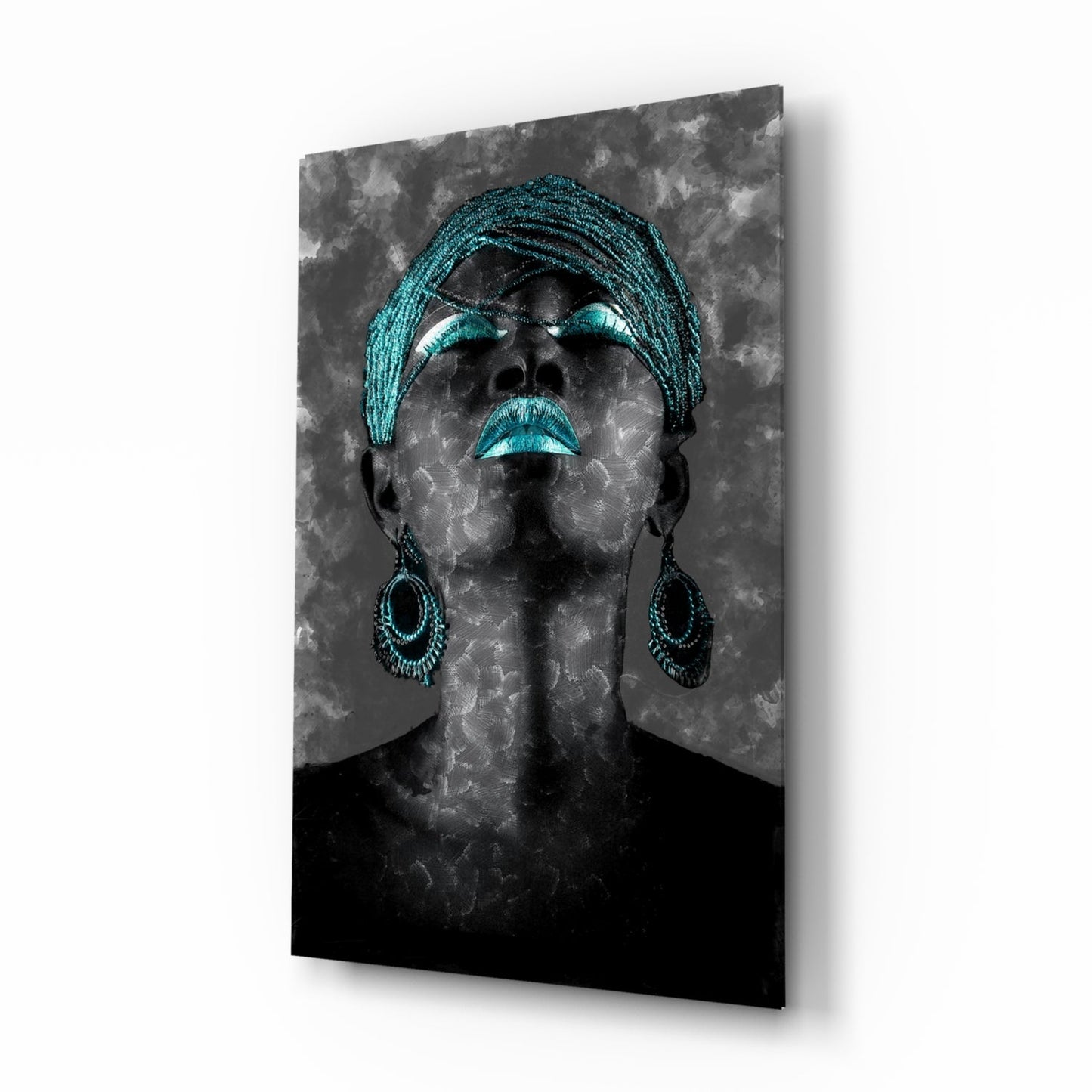 Editorial Portrait Glass Wall Art in Teal and Charcoal