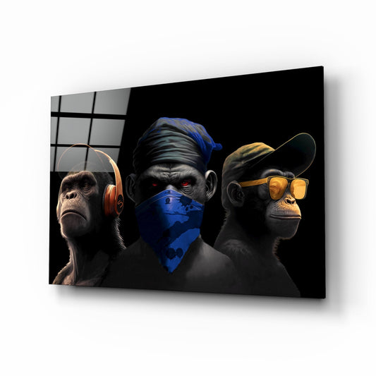 3 Wise Monkeys glass wall art in bold colorway