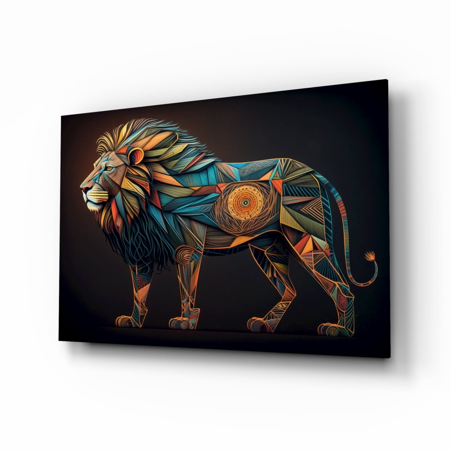 Geometric tribal lion glass wall art saffron teal onyx tempered glass