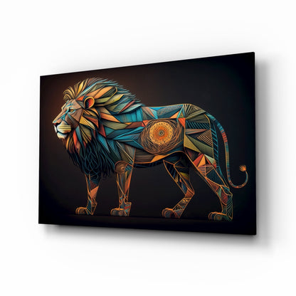 Geometric tribal lion glass wall art saffron teal onyx tempered glass