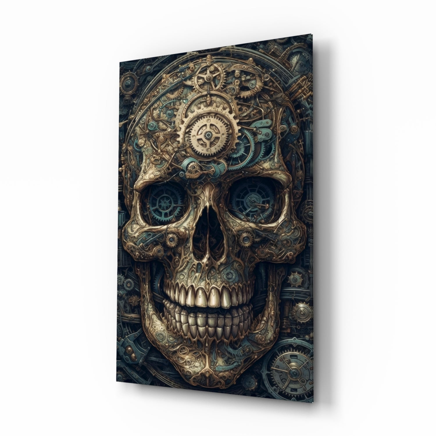 Steampunk Skull glass wall art hanging in a study