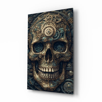 Steampunk Skull glass wall art hanging in a study