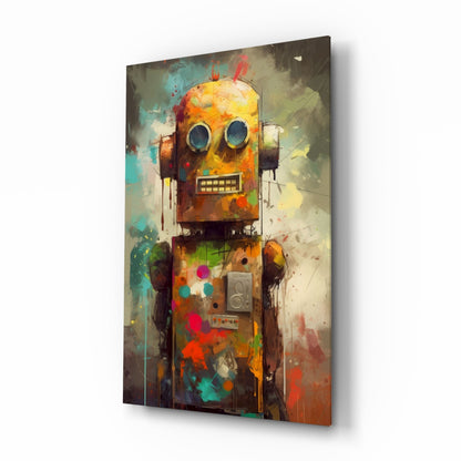 Robocute retro robot glass wall art with graffiti-splatter color drips