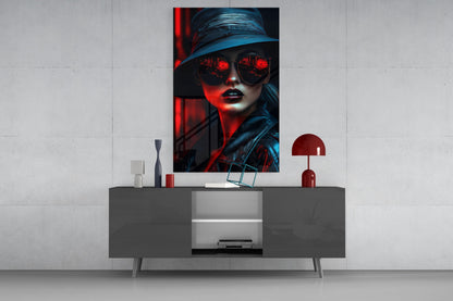 Neon City Woman Glass Wall Art