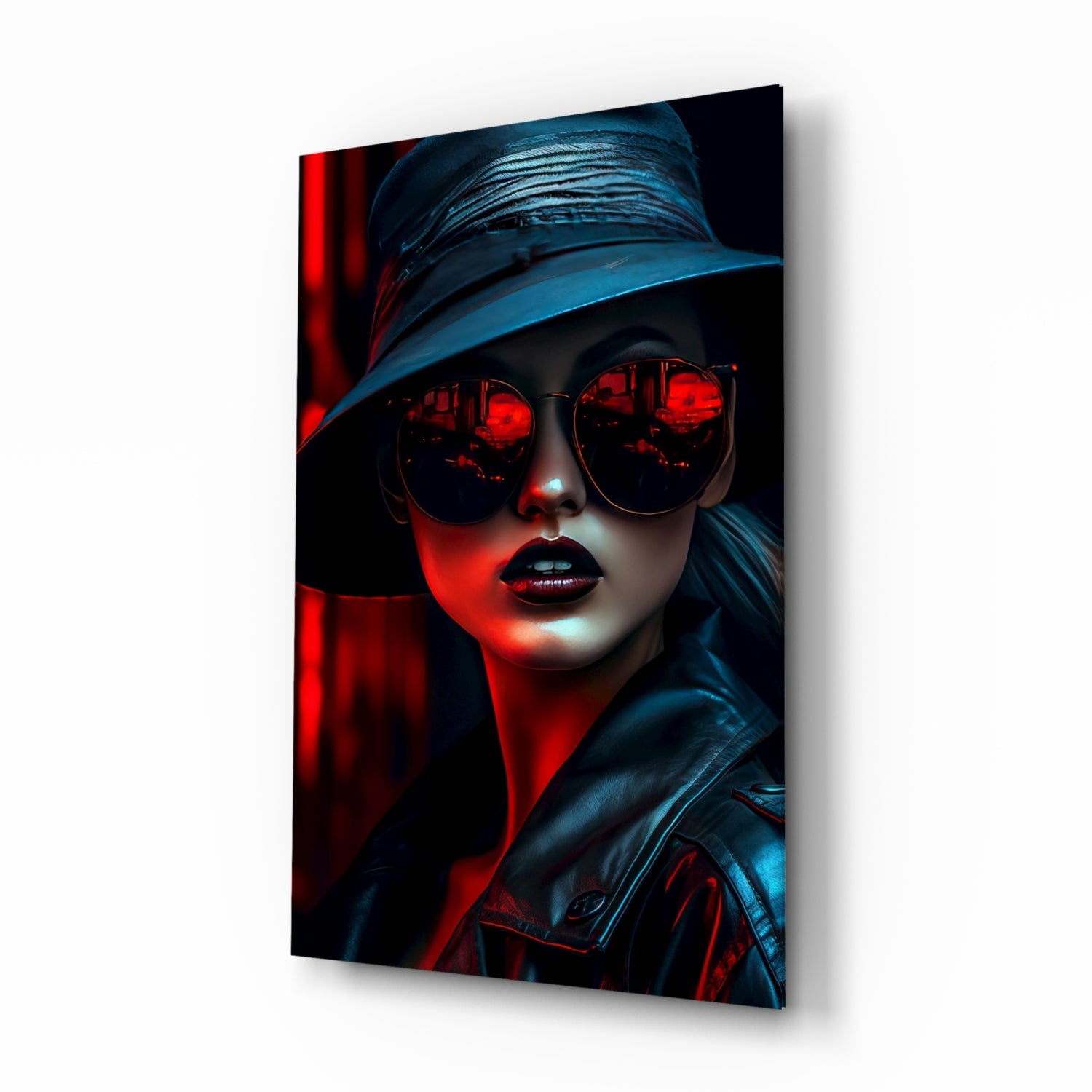 Neon City Woman glass wall art with cinematic fashion portrait
