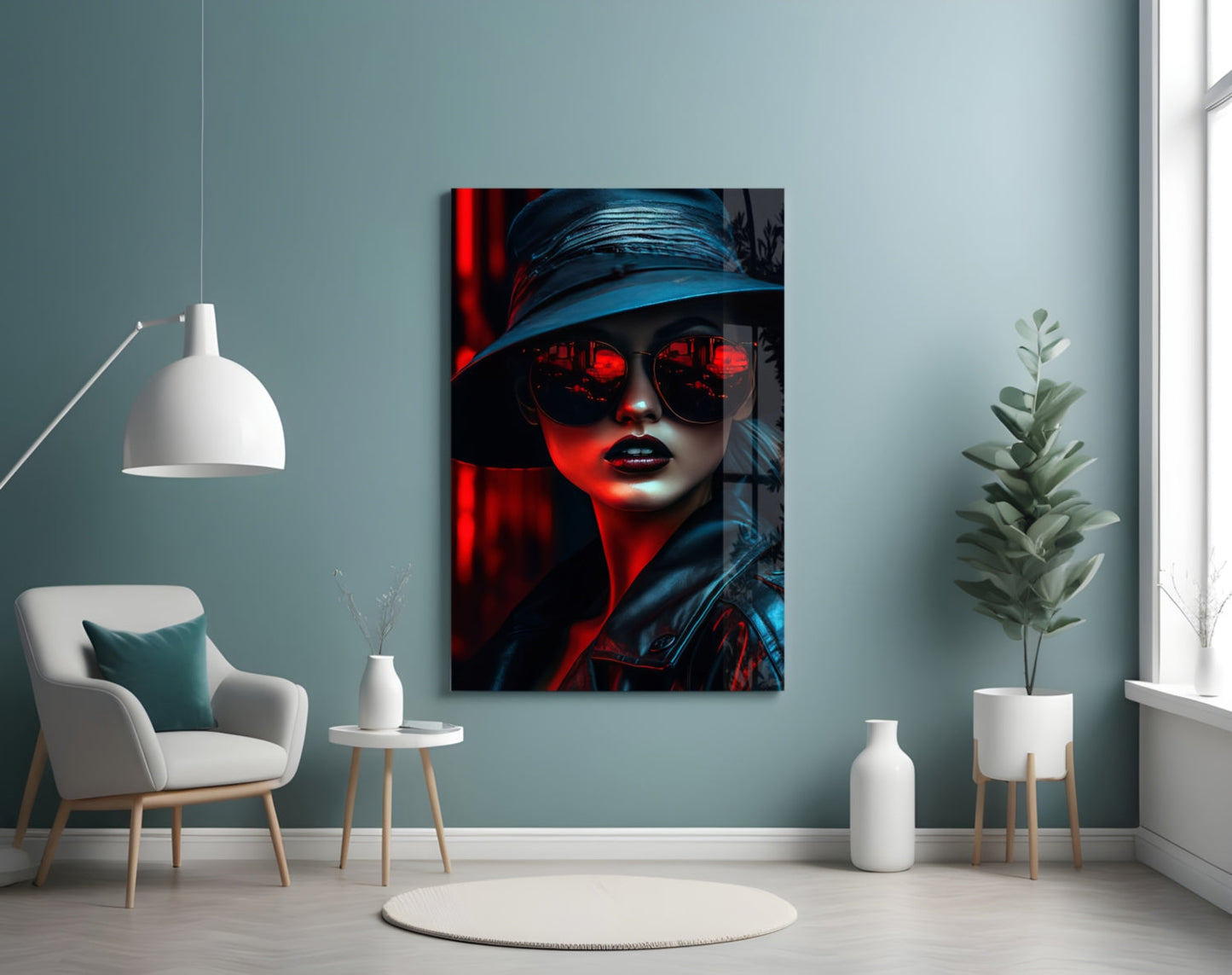 Neon City Woman Glass Wall Art