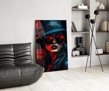 Neon City Woman Glass Wall Art