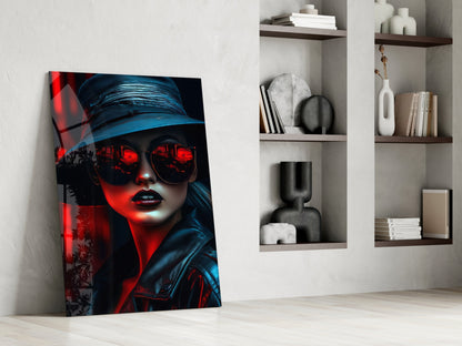 Neon City Woman Glass Wall Art