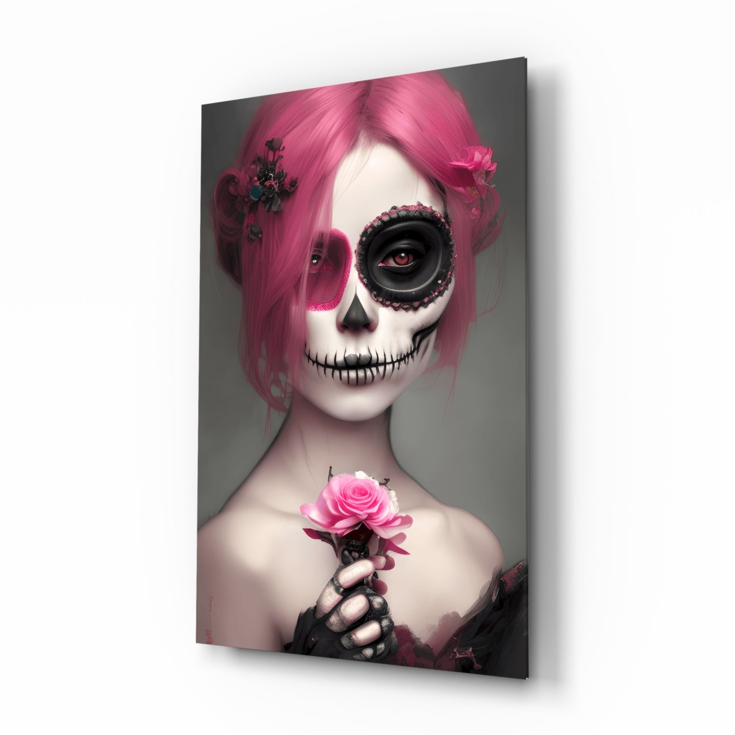 Gothic Bride glass wall art sugar skull portrait print