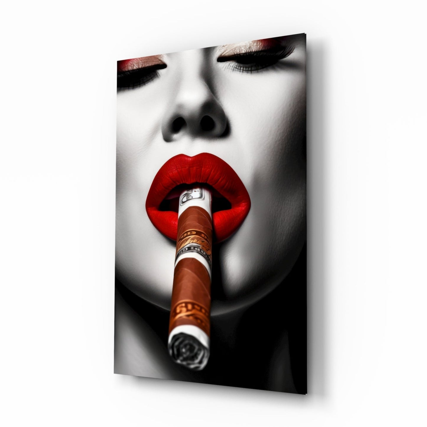 Cigar red lips glass wall art