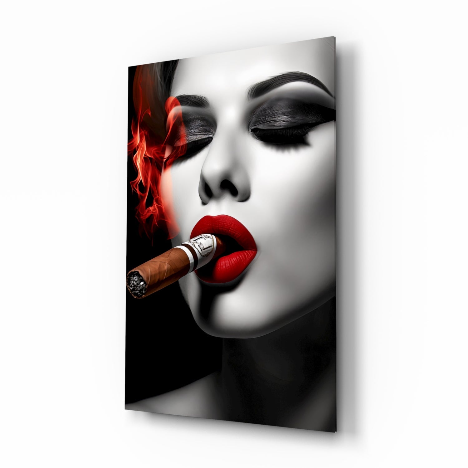 Red smoke cigar woman glass wall art