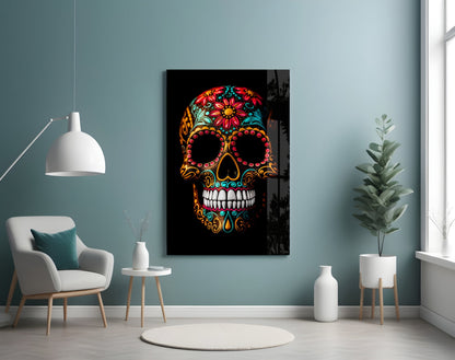 Flowery Skull Glass Wall Art