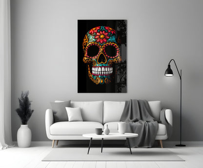 Flowery Skull Glass Wall Art
