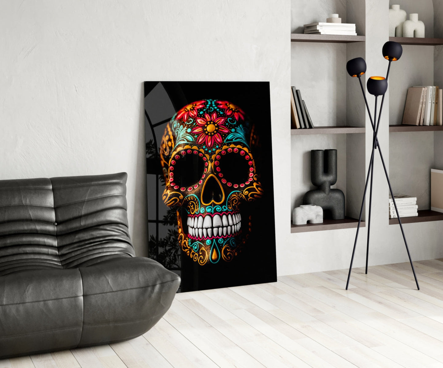 Flowery Skull Glass Wall Art
