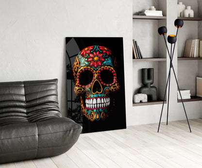 Flowery Skull Glass Wall Art