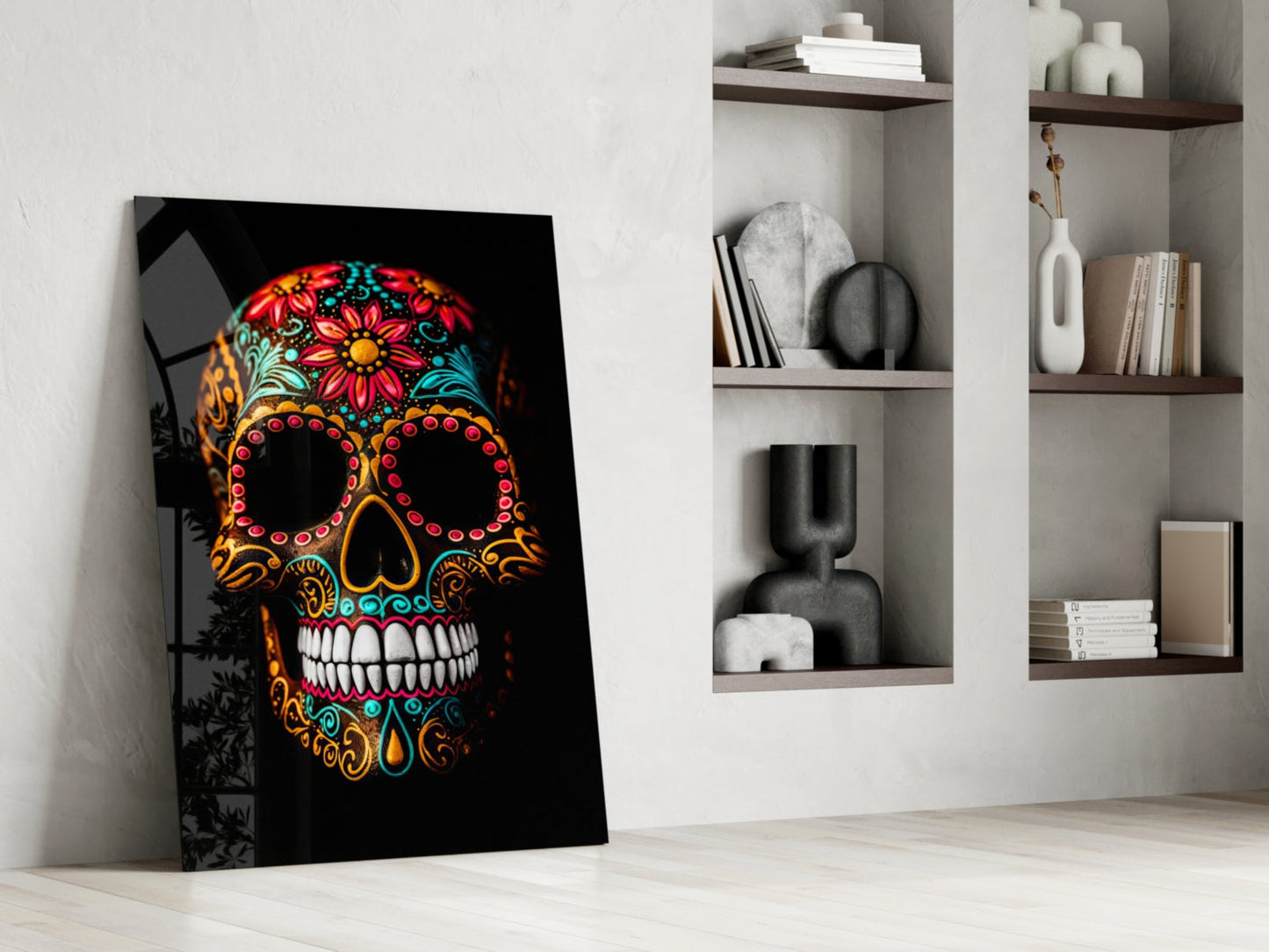 Flowery Skull Glass Wall Art