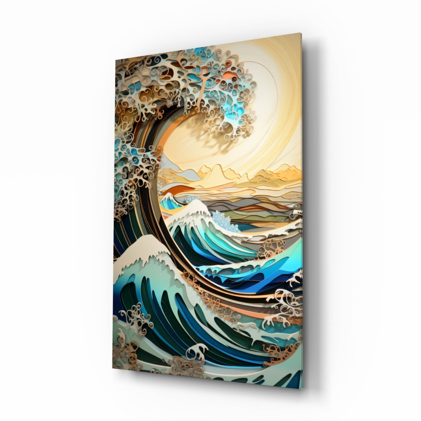 Wave and Mountain Quilling Glass Wall Art