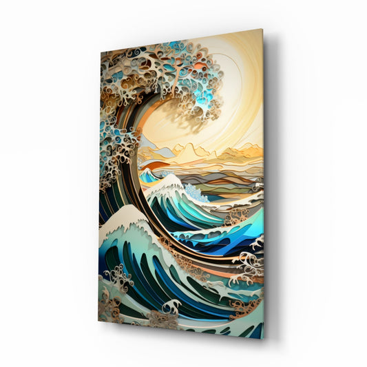 Wave and Mountain Quilling Glass Wall Art