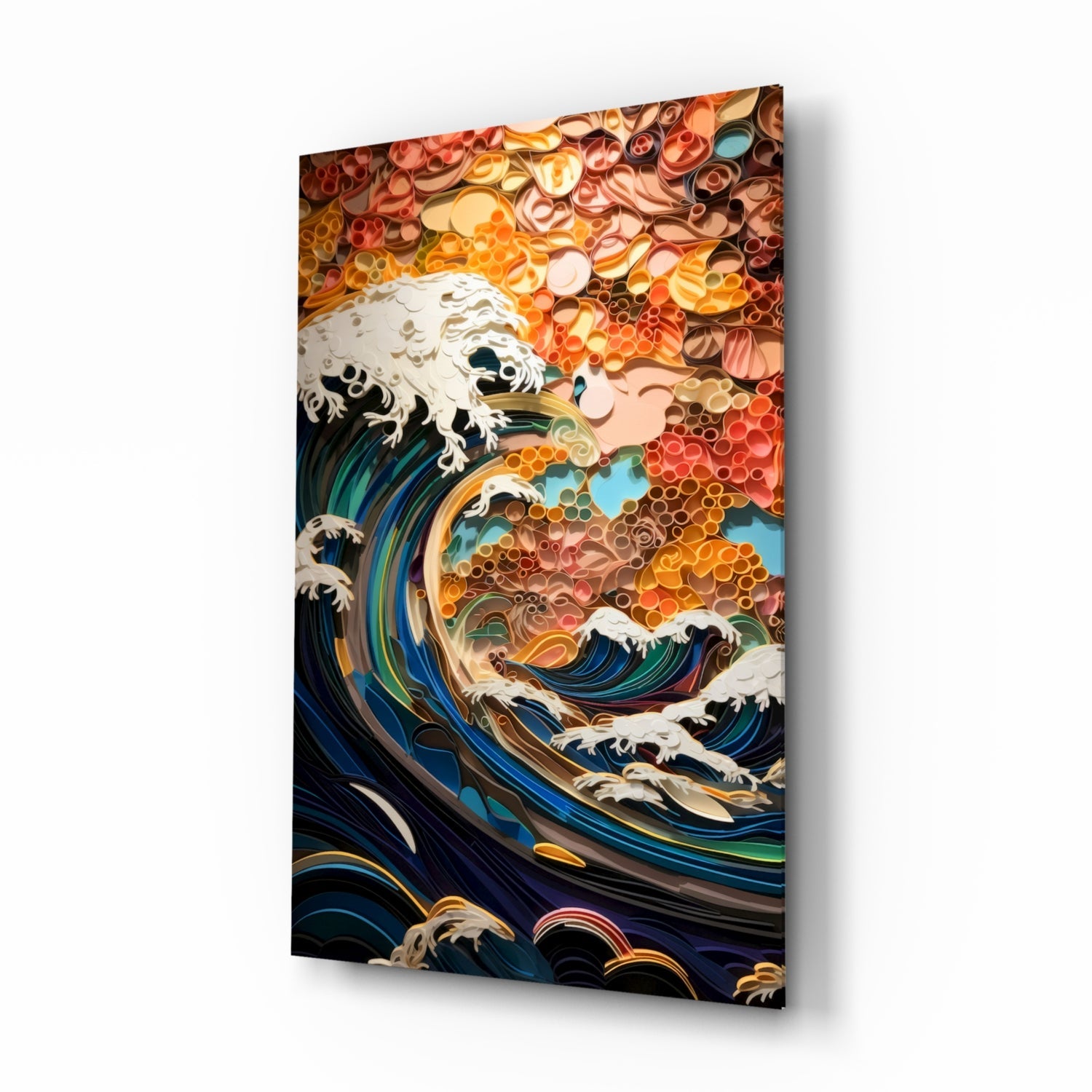 Abstract paper quilling style cresting wave seascape glass wall art