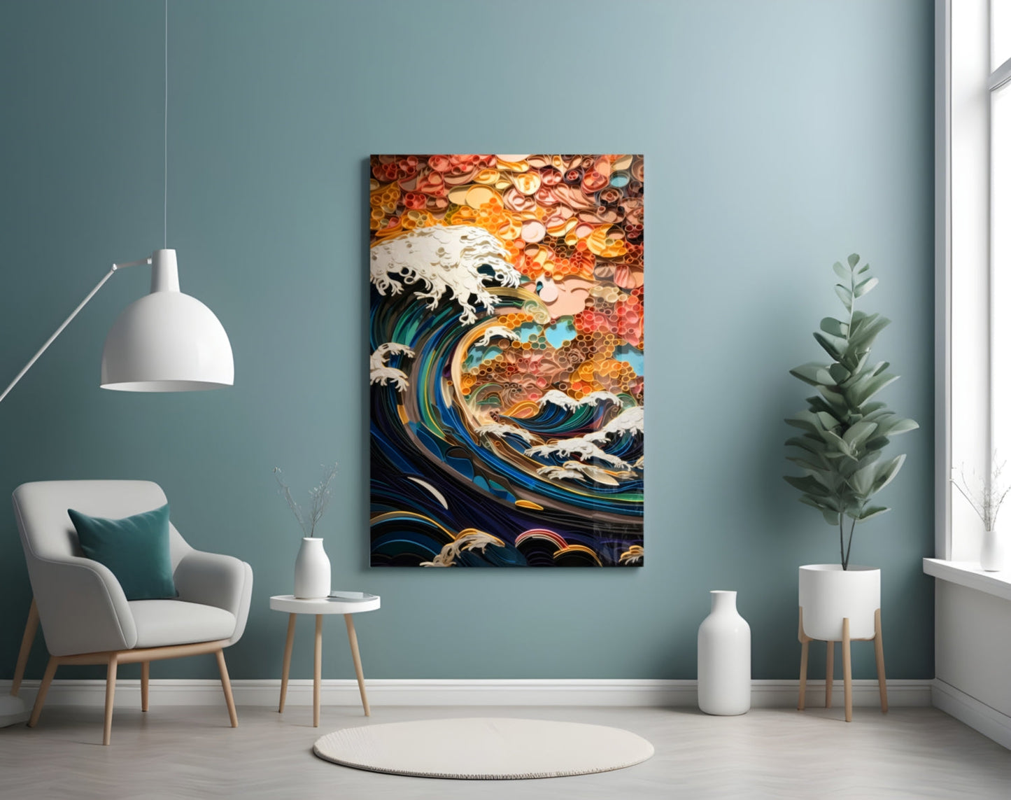 Abstract Wave Glass Wall Art, Paper Quilling Style Seascape
