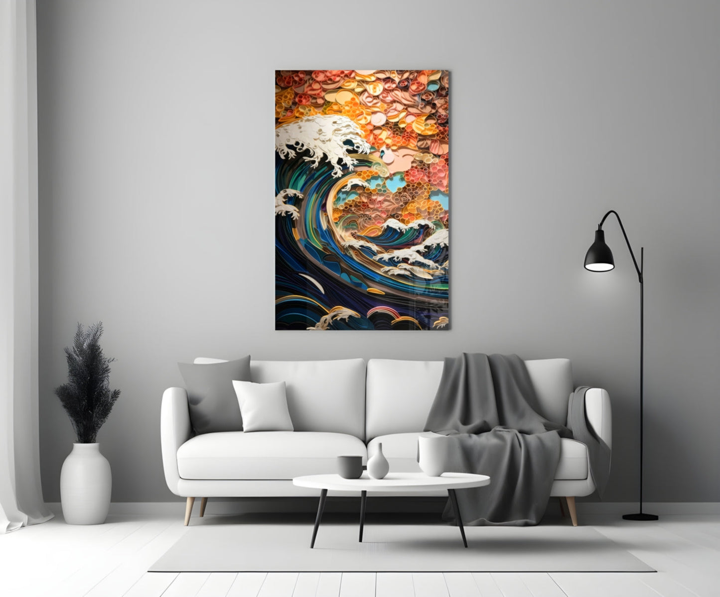 Abstract Wave Glass Wall Art, Paper Quilling Style Seascape