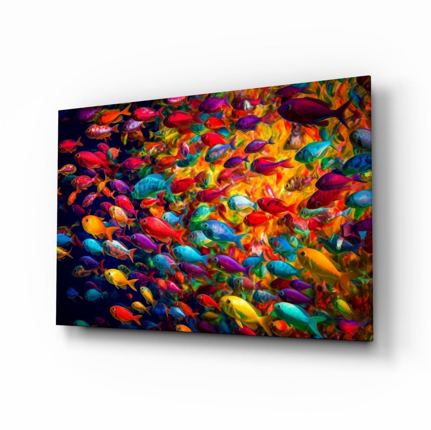 Fish World glass wall art, a swirling school of tropical fish in jewel tones on tempered glass