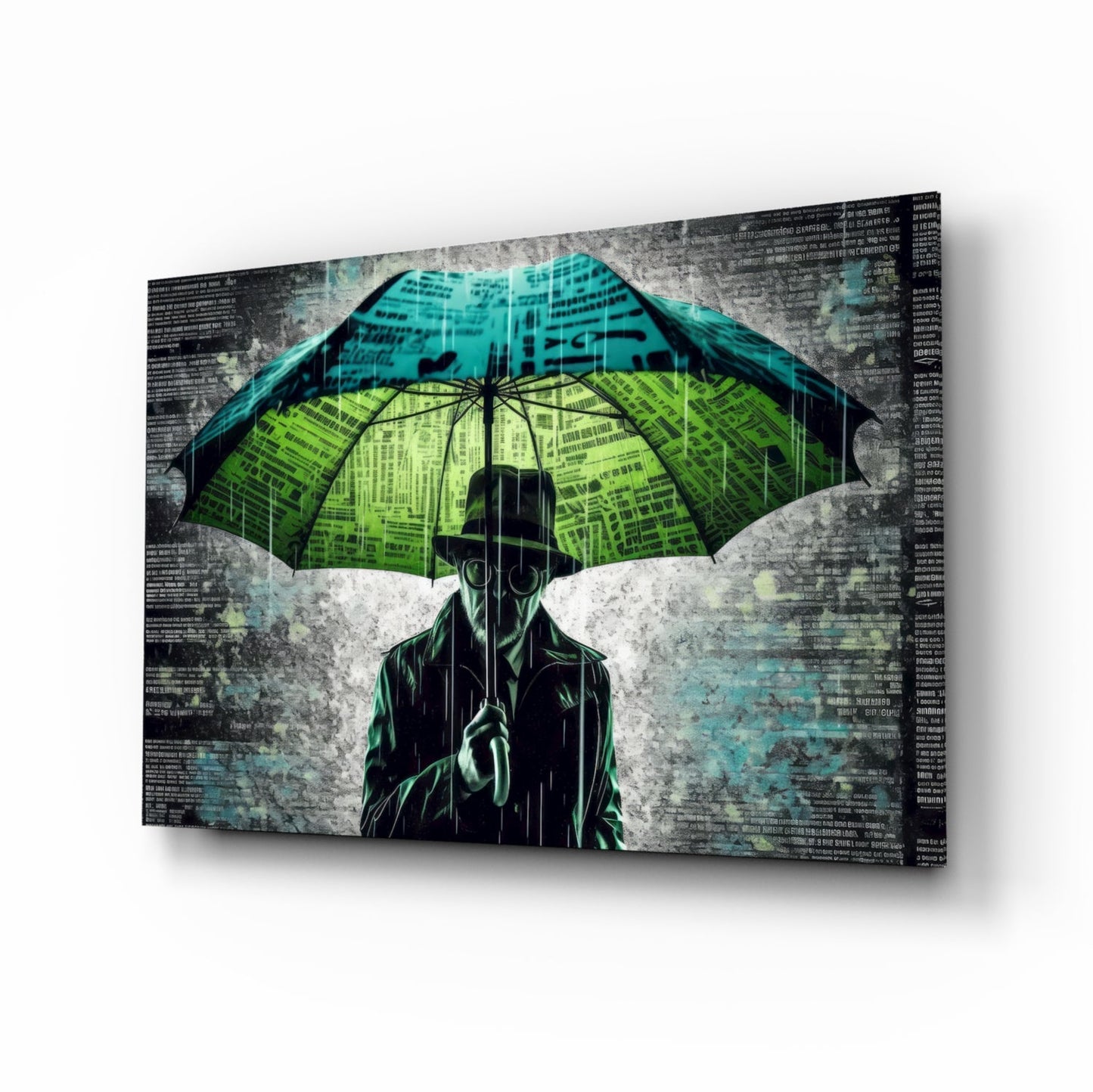 Pop noir figure in the rain glass wall art