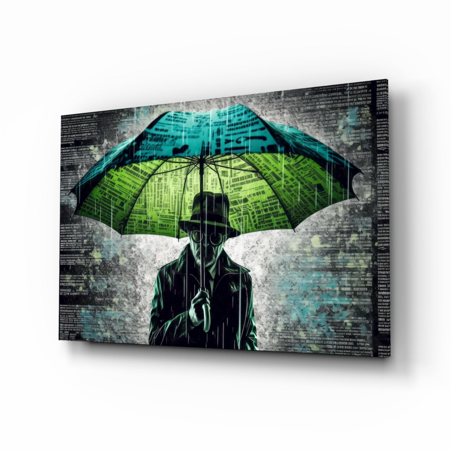 Pop noir figure in the rain glass wall art